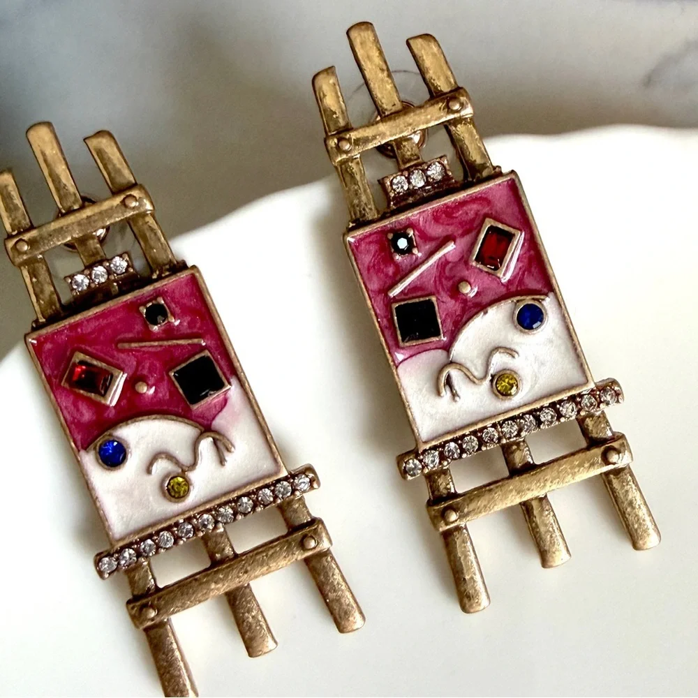 Artist’s Easel Painting Enamel Earrings Stone Vintage Style Antiqued Gold NEW